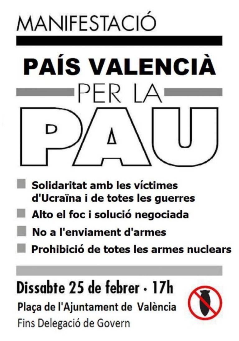 Manifestació ‘País Valencià per la pau’. Dissabte 25 de febrer, 17.00 h.