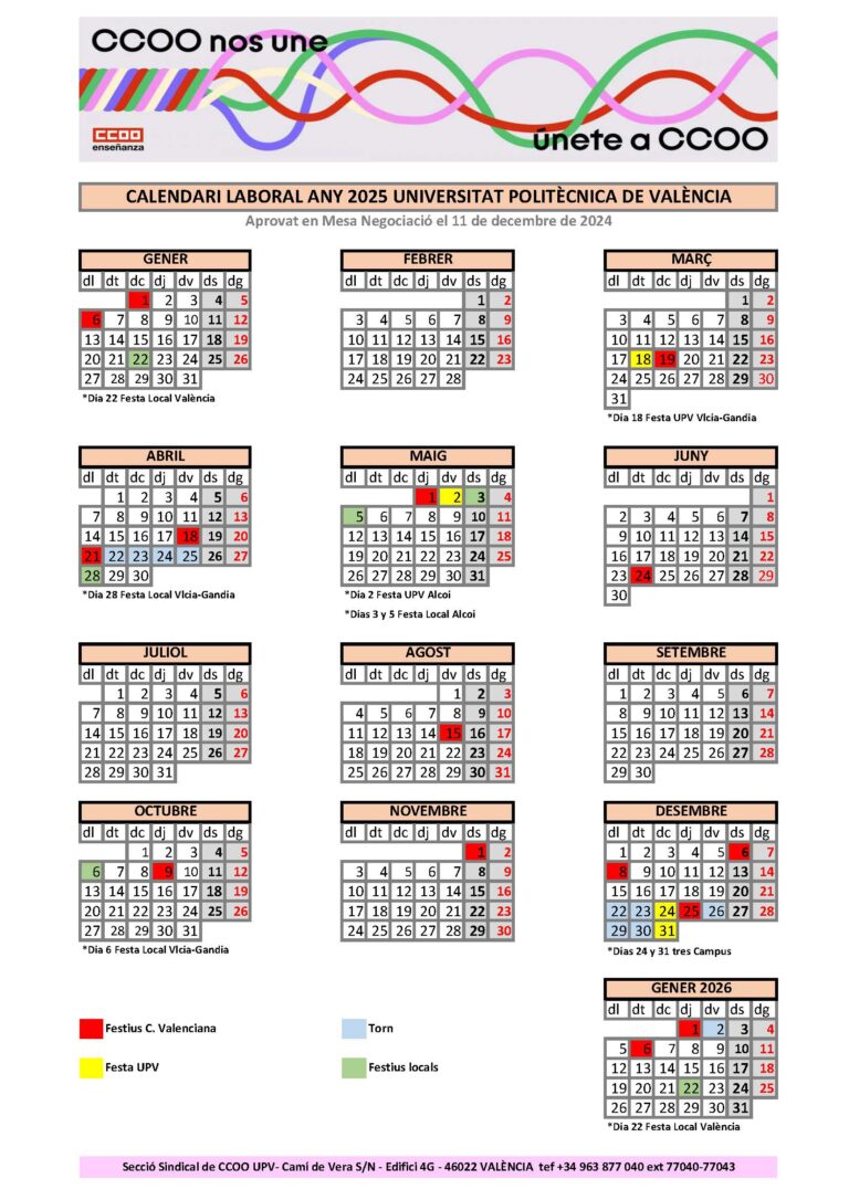 LA UPV APROVA UN RESTRICTIU CALENDARI LABORAL 2025